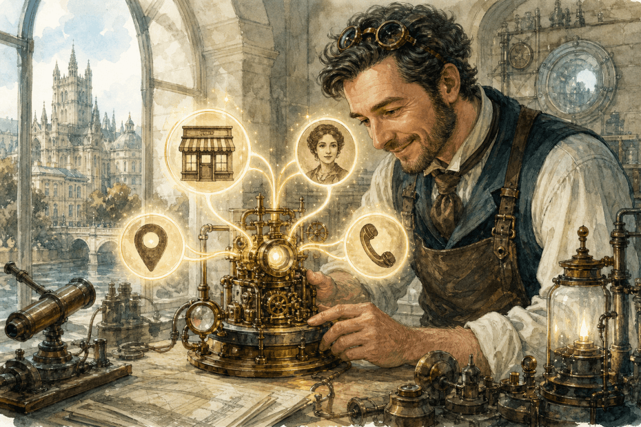 Victorian-futurist business owner examining clear company identity signals through a brass search machine