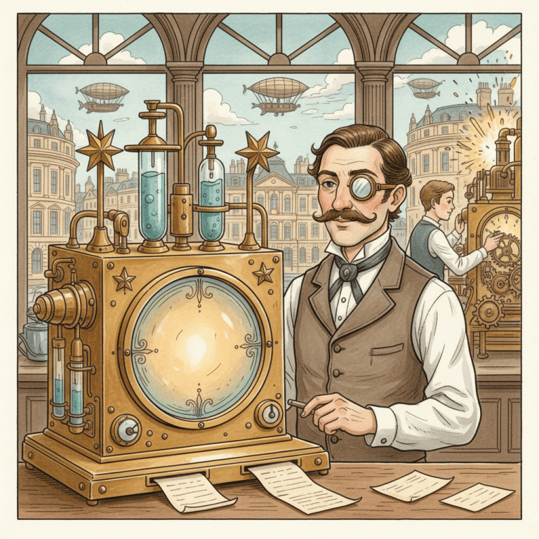 Victorian-futurist local shopkeeper checking brass review gauges on a Google Business Profile-style console