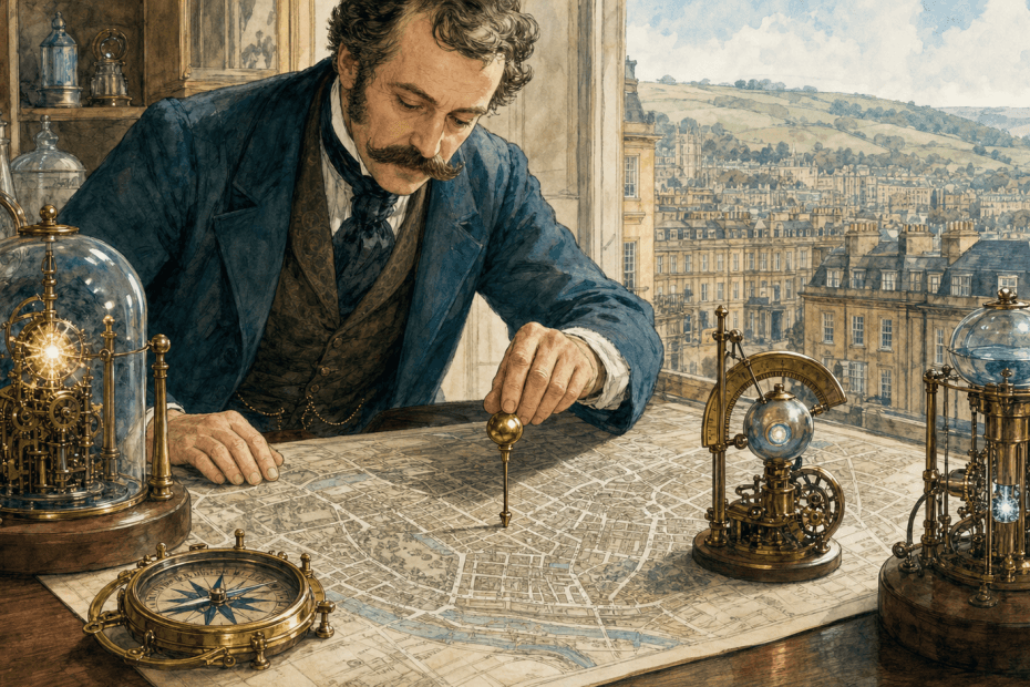 Victorian-futurist shopkeeper carefully moving a brass map pin between two illustrated Bath street locations