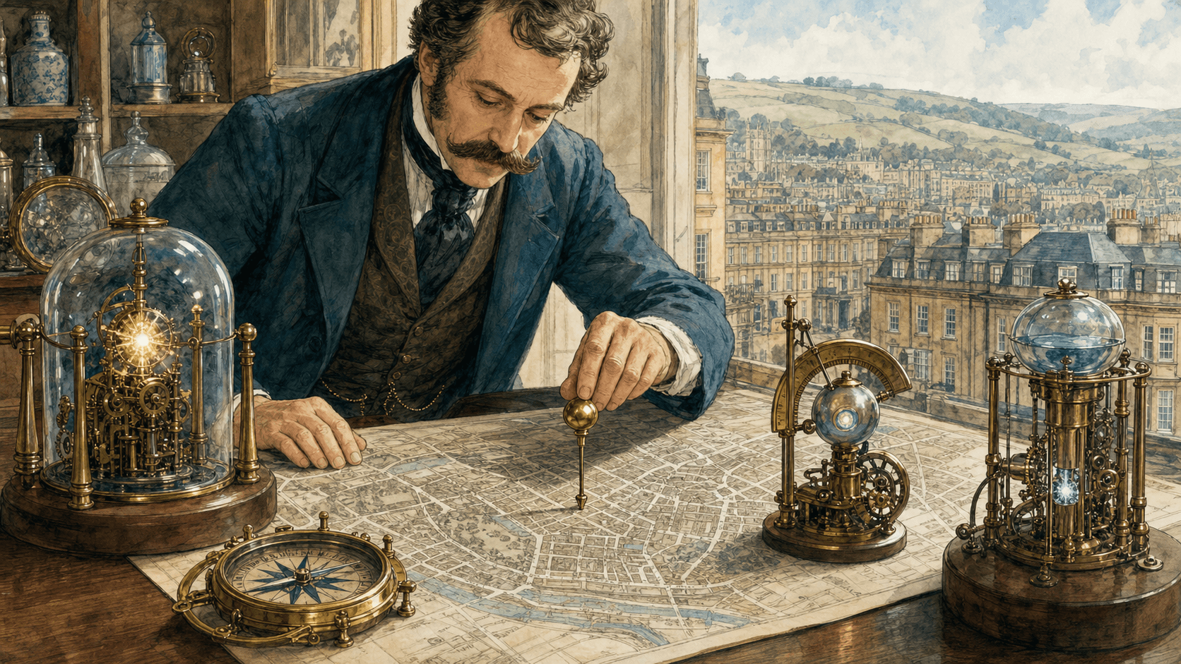 Victorian-futurist shopkeeper carefully moving a brass map pin between two illustrated Bath street locations