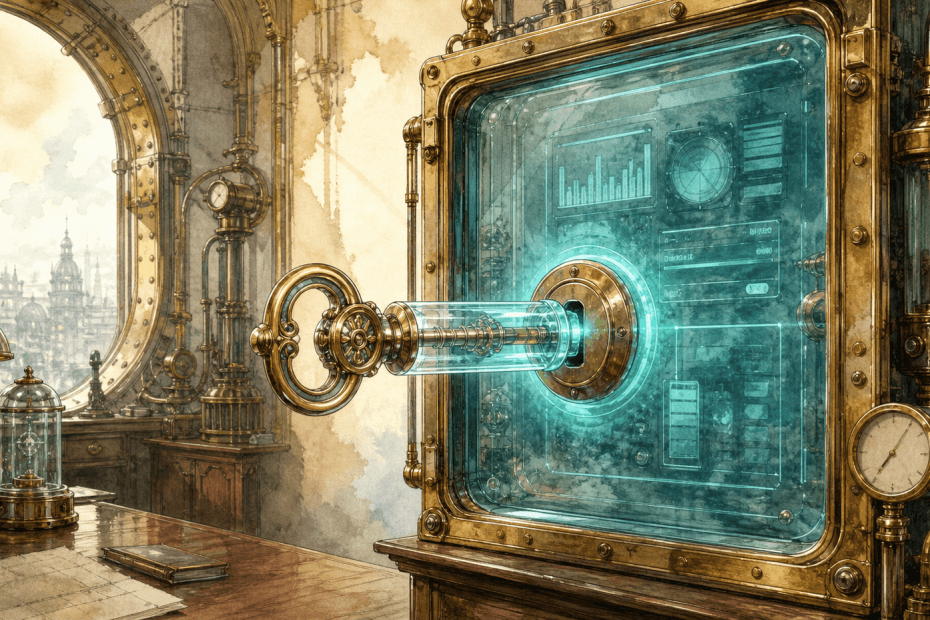 Victorian-futurist advertising control room secured by a brass passkey device