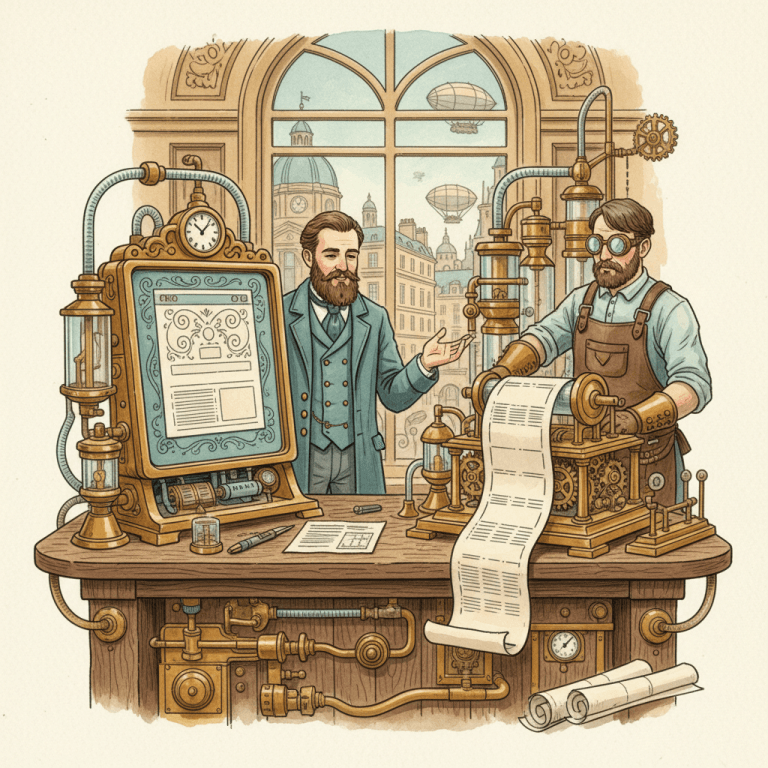 Victorian-futurist website workshop with brass machines comparing a clear public web page and a plain AI manuscript