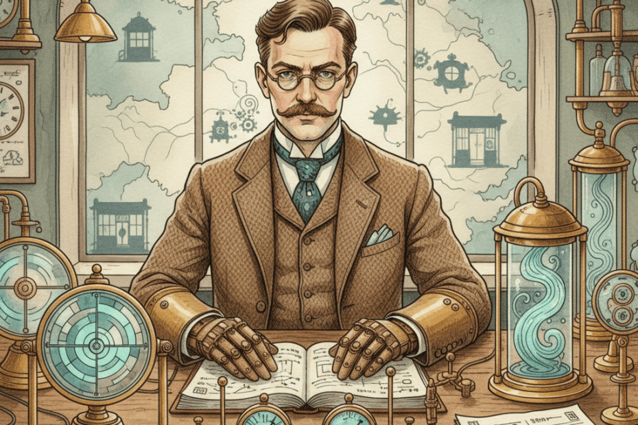 A Victorian-futurist paid search analyst studying brass dials and paper ledgers that show incomplete search queries for local businesses