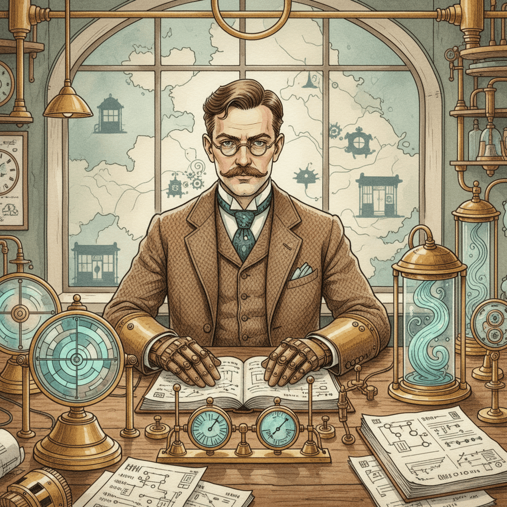 A Victorian-futurist paid search analyst studying brass dials and paper ledgers that show incomplete search queries for local businesses