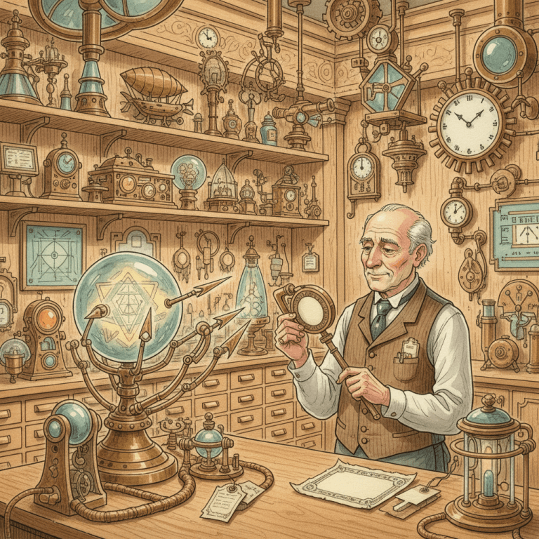 Illustrated Victorian-futurist shopkeeper reviewing product labels and brass search instruments in a warm Bath retail workshop