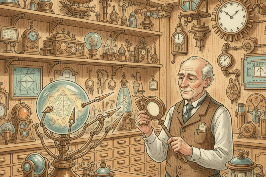 Illustrated Victorian-futurist shopkeeper reviewing product labels and brass search instruments in a warm Bath retail workshop