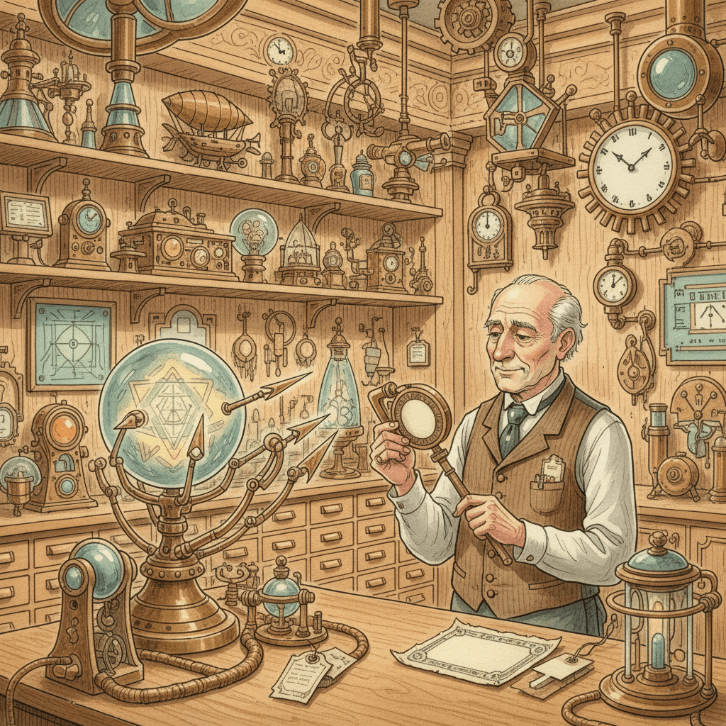 Illustrated Victorian-futurist shopkeeper reviewing product labels and brass search instruments in a warm Bath retail workshop