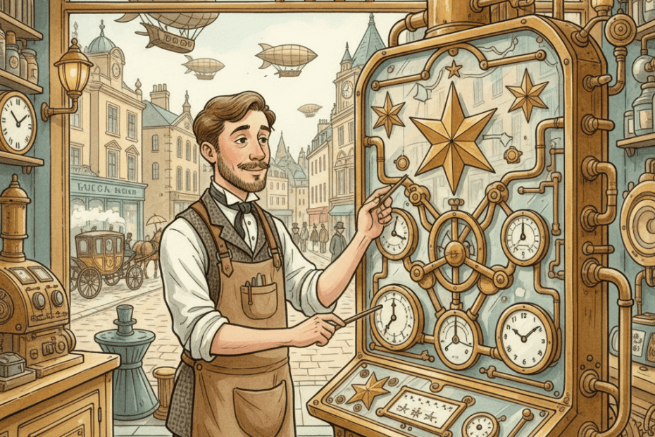 Victorian-futurist shop owner checking a brass Google review dashboard with stars visible through a shop window
