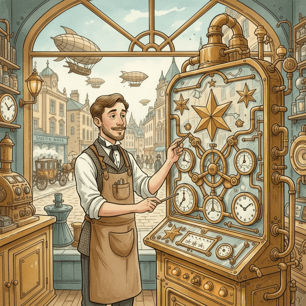 Victorian-futurist shop owner checking a brass Google review dashboard with stars visible through a shop window