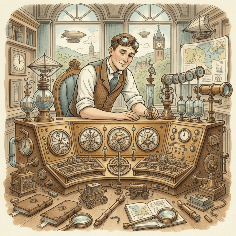 Victorian-futurist advertiser reviewing brass channel diagnostic gauges for a Performance Max campaign in a Bath-inspired office