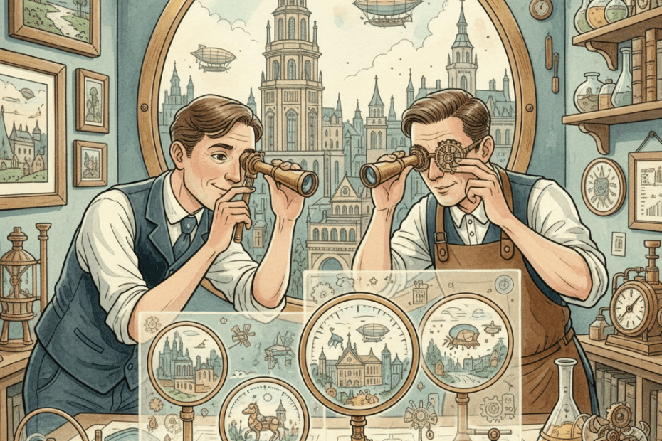 Illustrated Victorian-futurist advertising studio with brass machines examining AI-made campaign artwork, in warm teal and copper tones