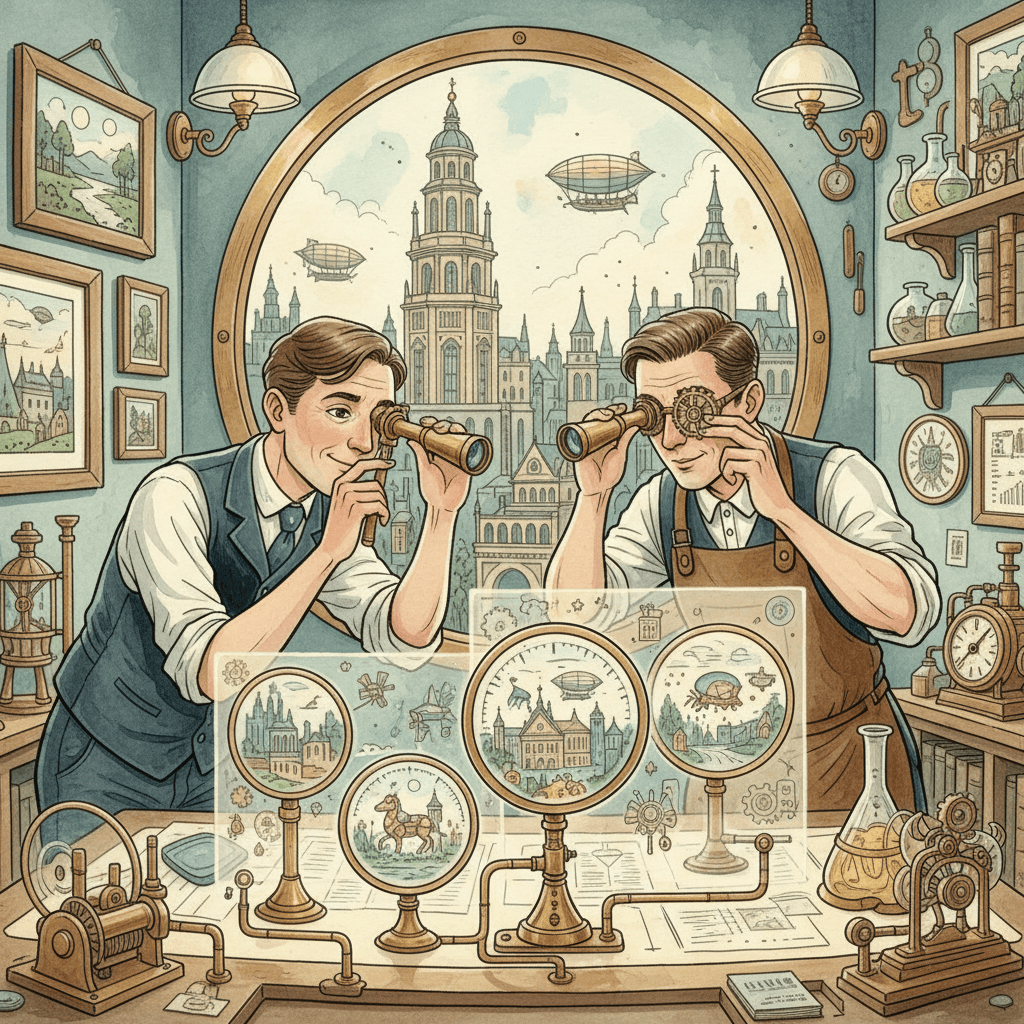 Illustrated Victorian-futurist advertising studio with brass machines examining AI-made campaign artwork, in warm teal and copper tones