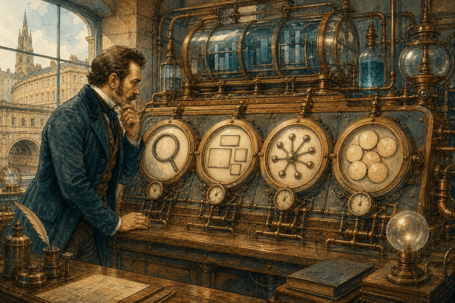 Victorian advertising engineer inspecting four brass control dials in a whimsical steampunk workshop