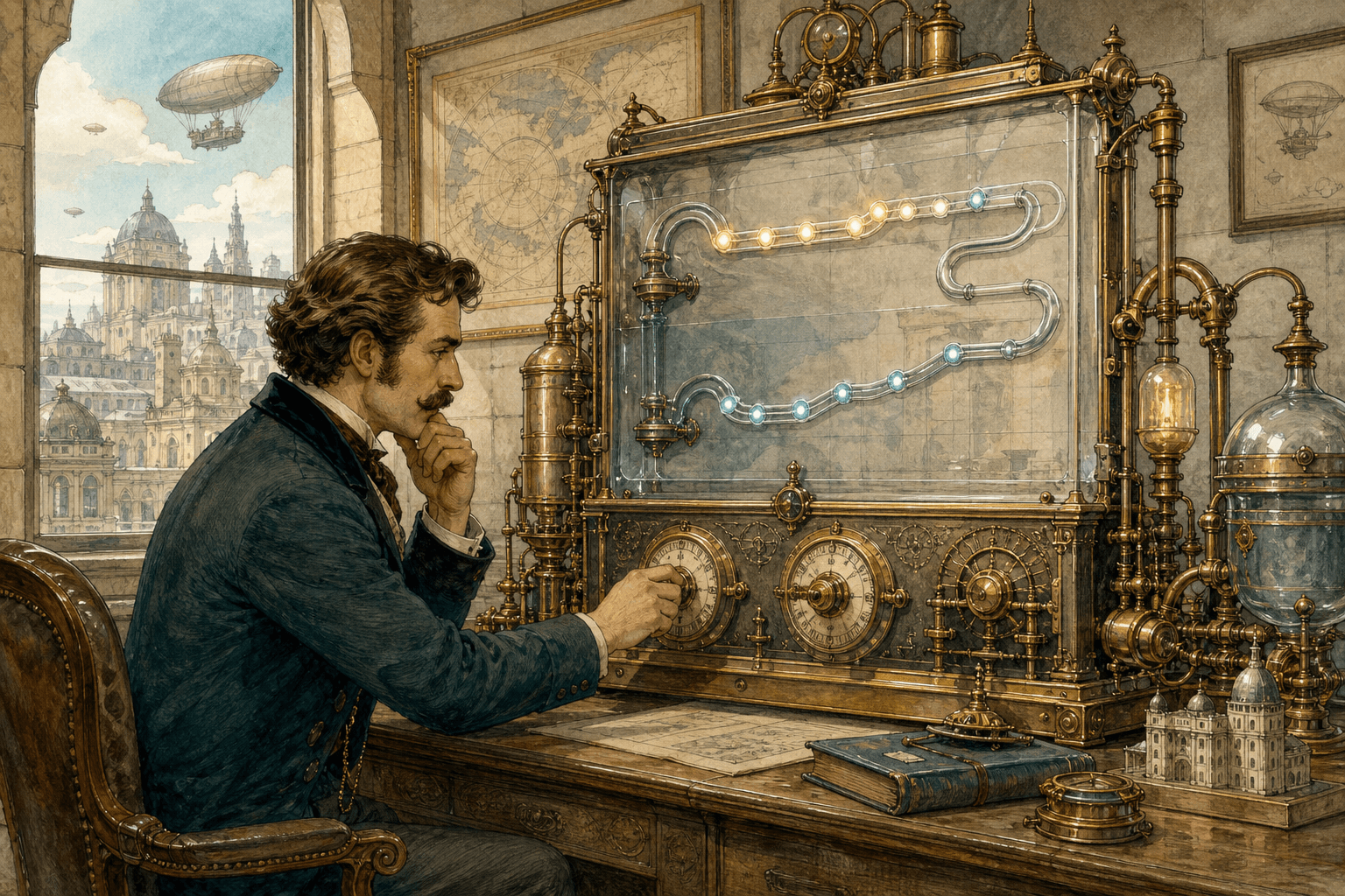 Watercolour and ink illustration of a Victorian analyst adjusting brass timing dials on an advertising measurement machine