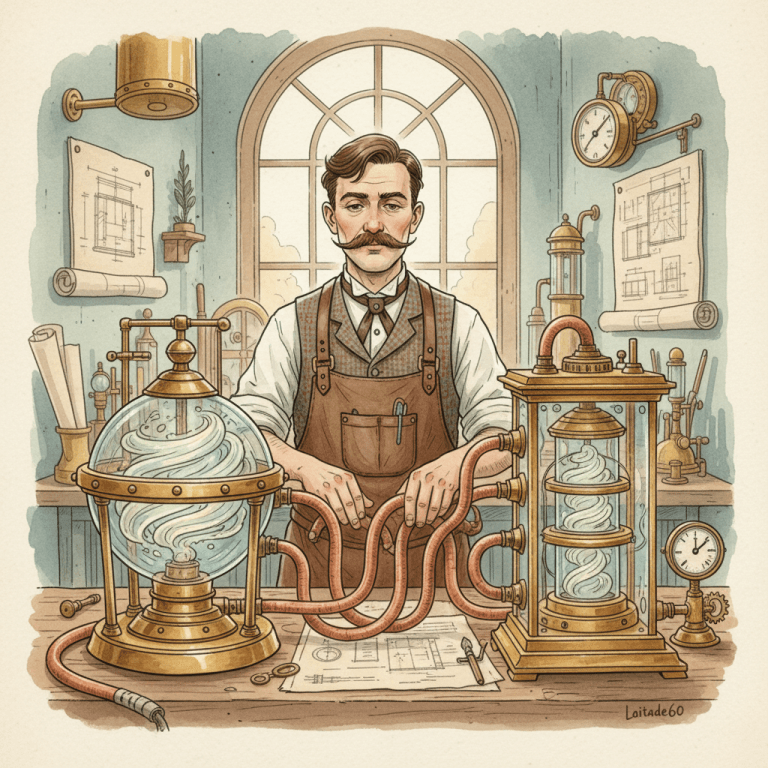 Watercolour and ink illustration of a Victorian engineer connecting brass advertising gauges to a secure conversion data machine