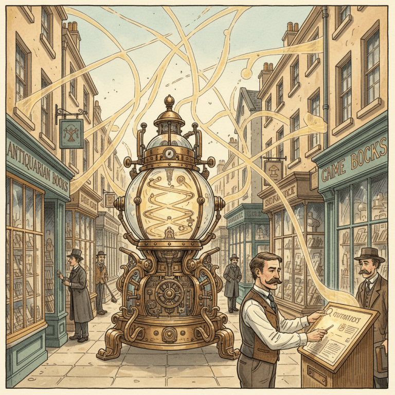 Victorian shopkeepers tending clear brass and glass information beacons connected to a whimsical local search machine