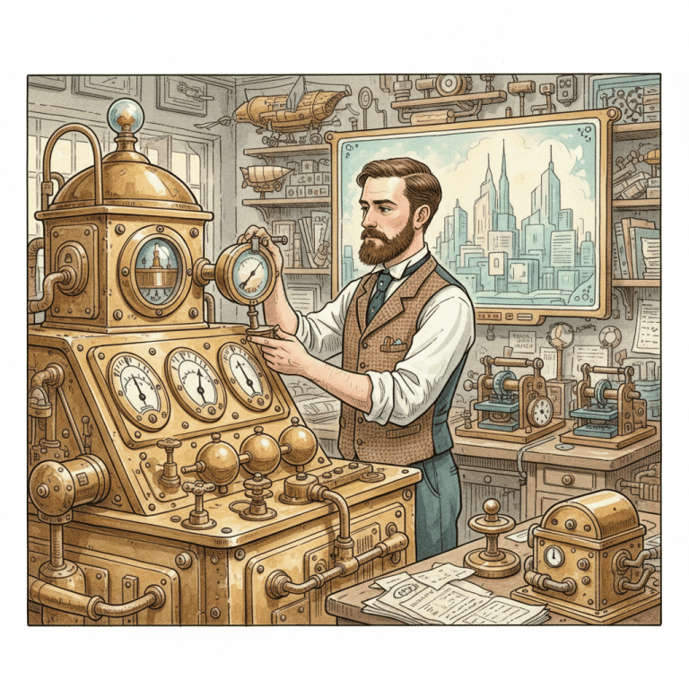 A Victorian advertising engineer adjusting brass bidding controls on a whimsical mechanical search advertising console