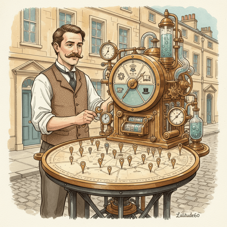 A Victorian shopkeeper carefully calibrating a brass local search map machine with category dials and location pins