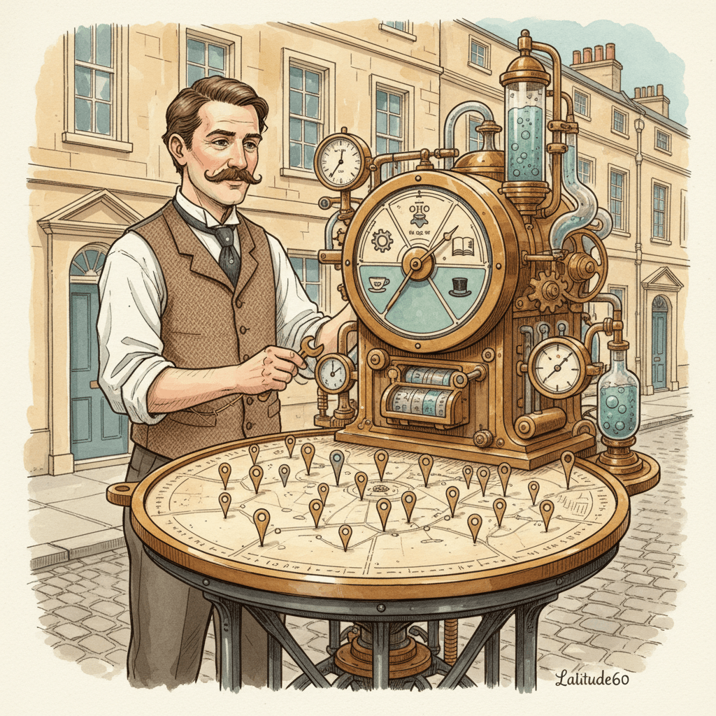 A Victorian shopkeeper carefully calibrating a brass local search map machine with category dials and location pins