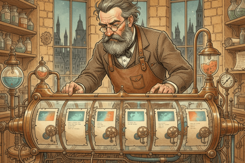 A Victorian inventor viewing a carousel of illuminated news cards inside a brass search machine
