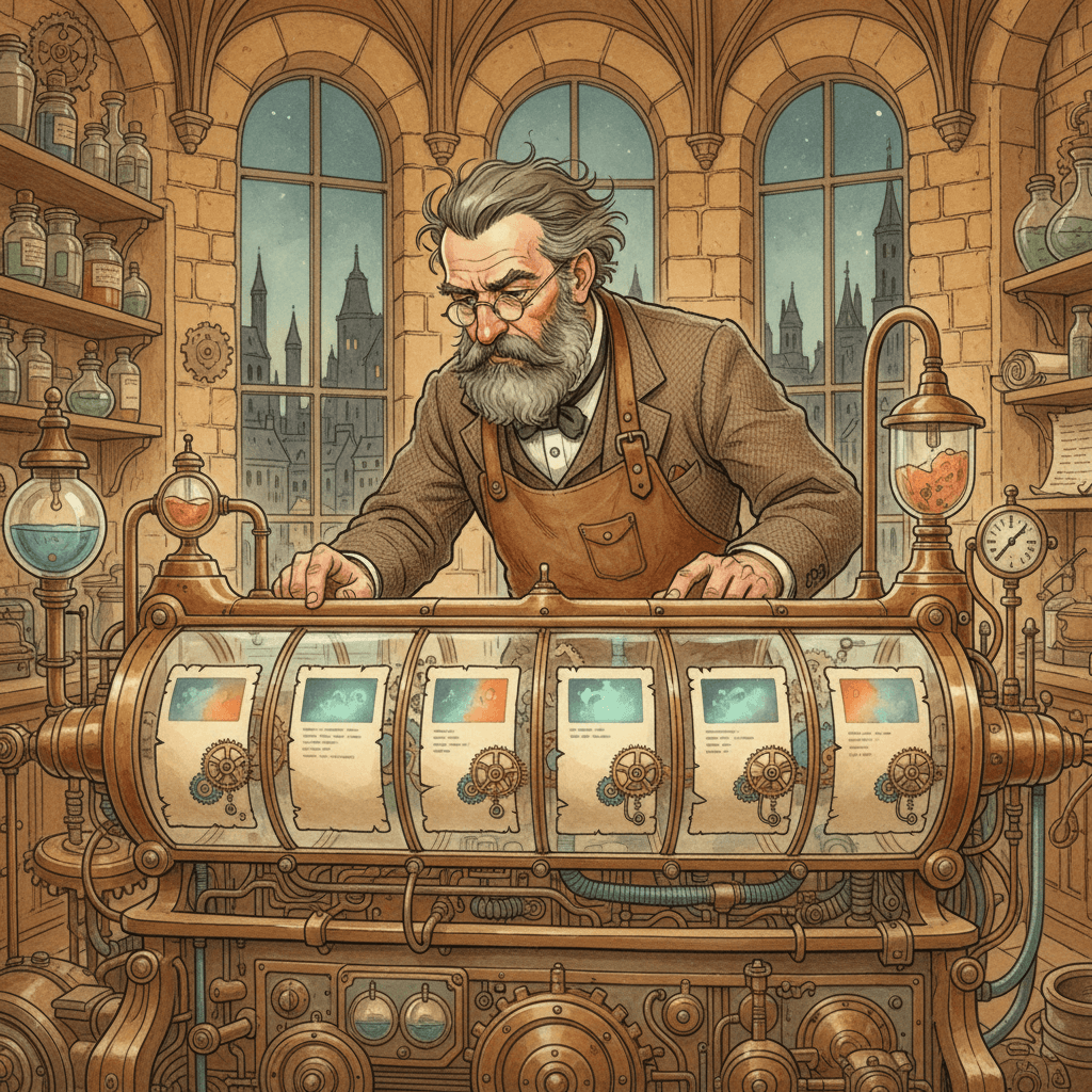 A Victorian inventor viewing a carousel of illuminated news cards inside a brass search machine