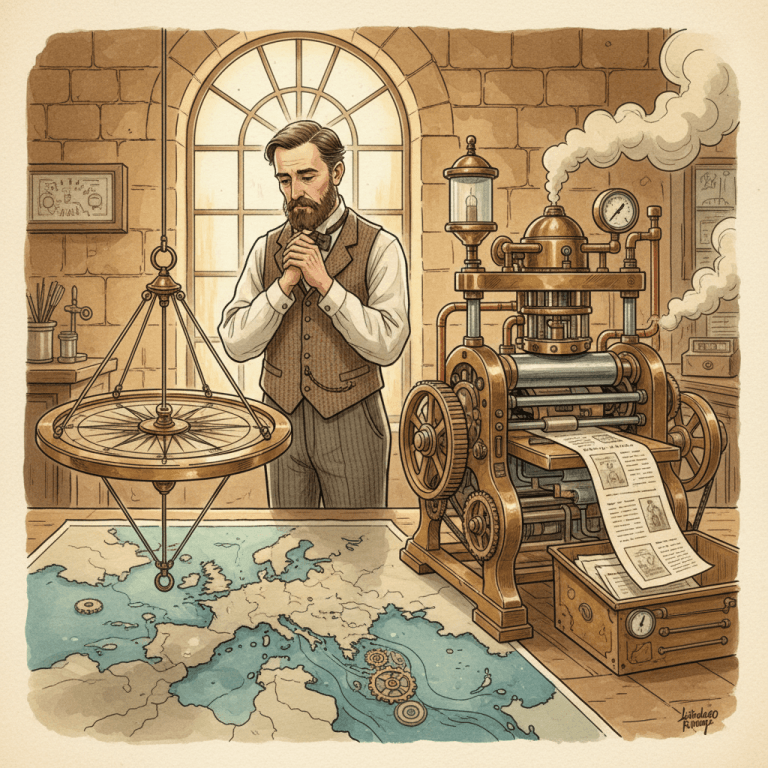 Victorian-futurist printing workshop with a brass search compass dividing UK and European map regions