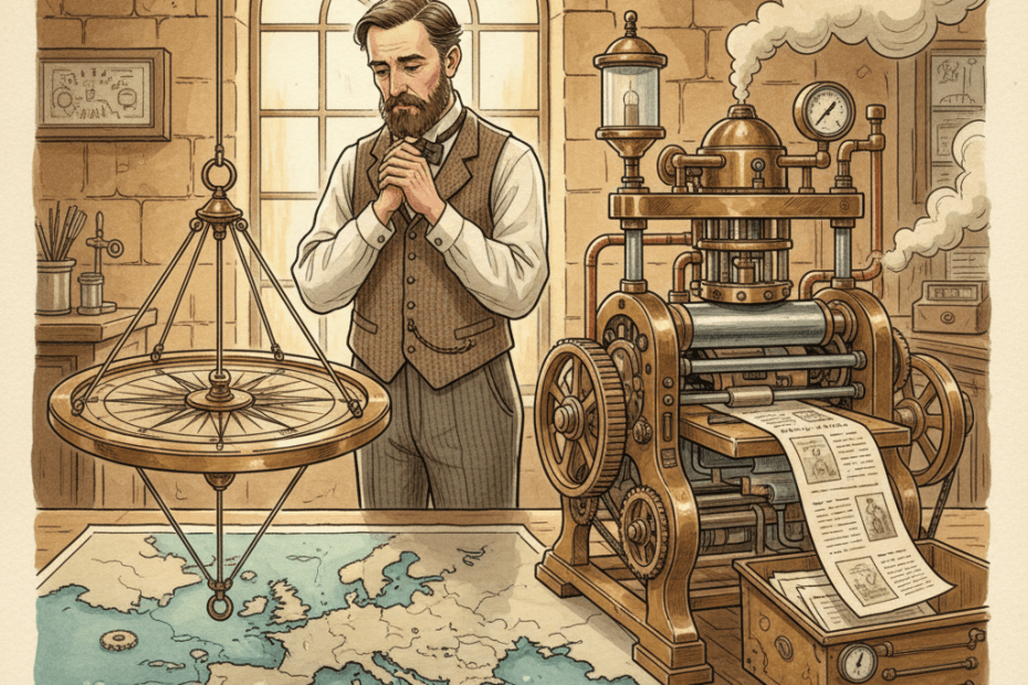 Victorian-futurist printing workshop with a brass search compass dividing UK and European map regions