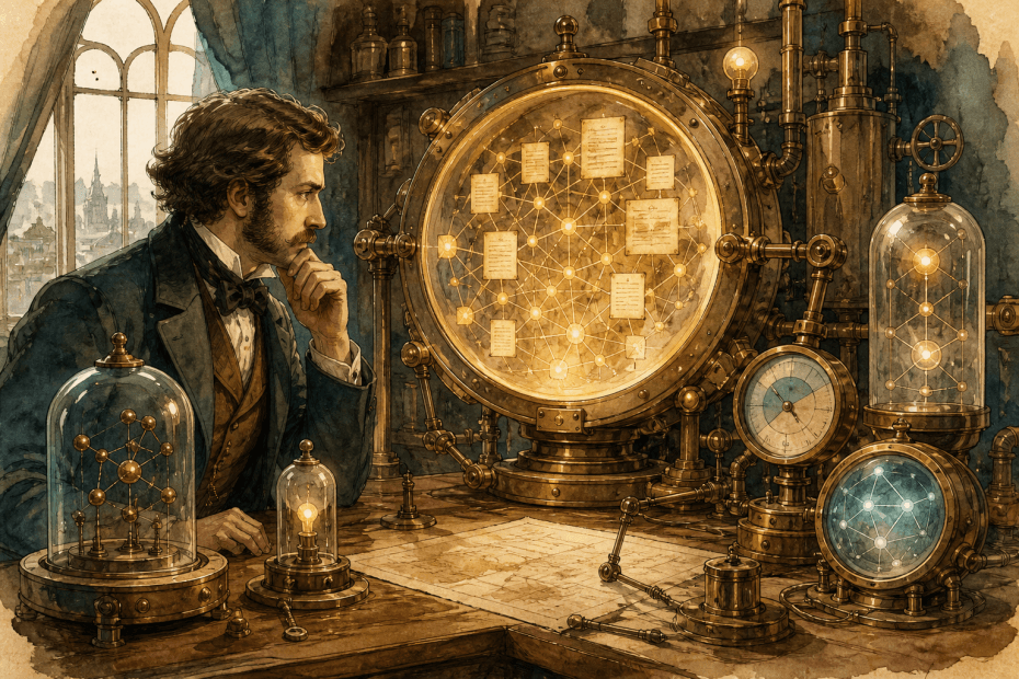 Victorian analyst studying glowing search impressions on brass gauges in a whimsical steampunk workshop
