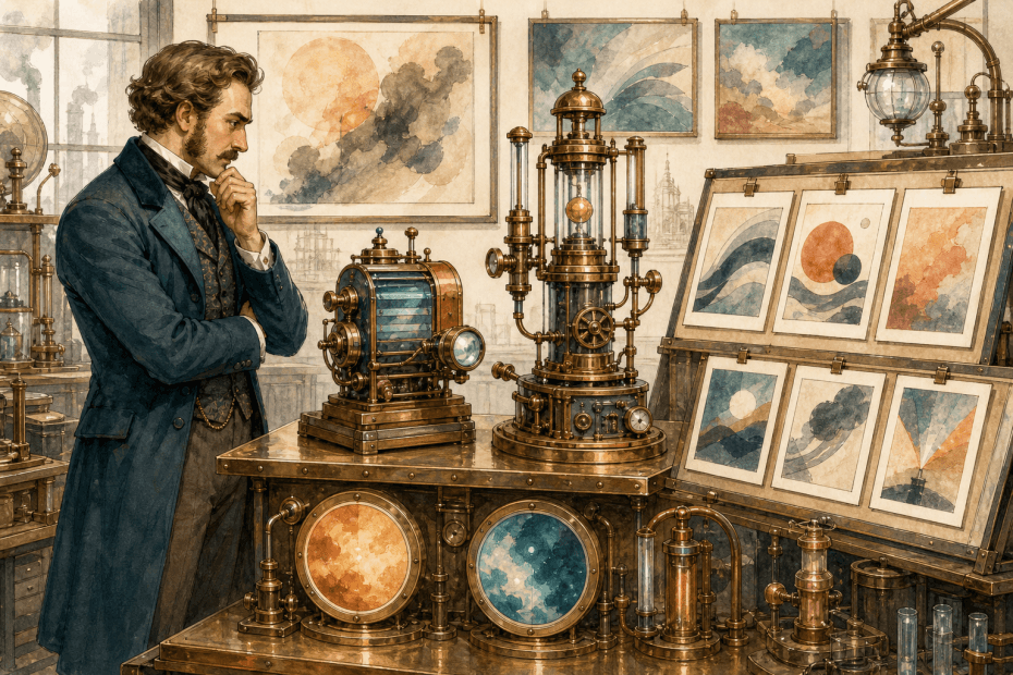 Victorian advertising analyst comparing brass AI visibility gauges and campaign experiments in a whimsical steampunk workshop