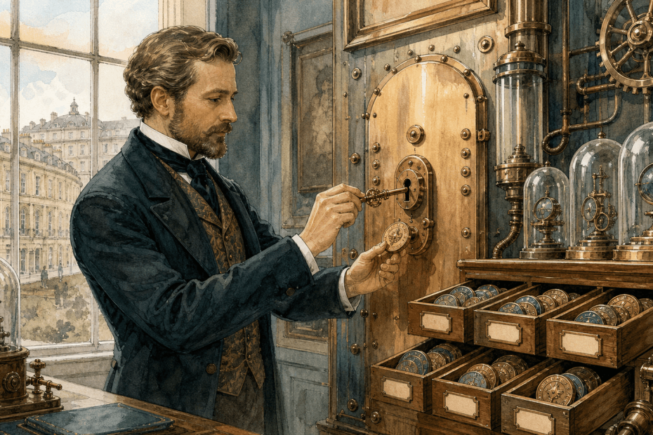 Victorian business owner securing a brass advertising control panel with keys and identity seals in a whimsical steampunk office