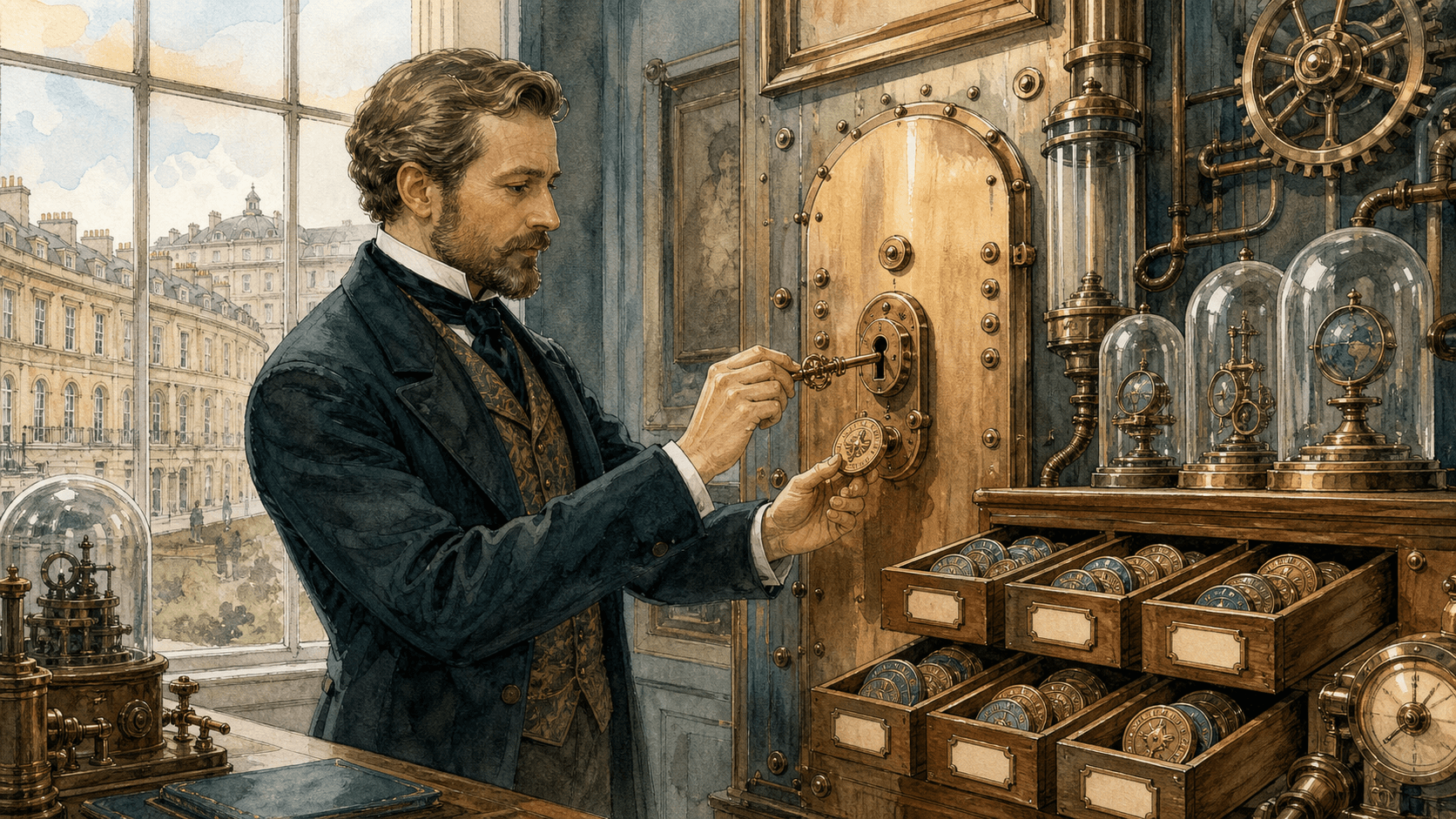 Victorian business owner securing a brass advertising control panel with keys and identity seals in a whimsical steampunk office