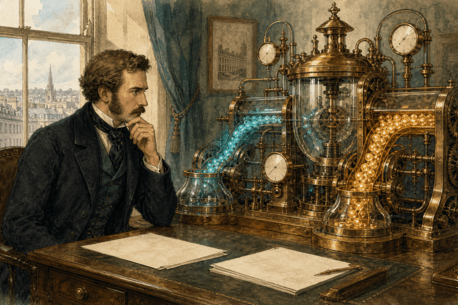 Victorian analyst studying new and returning customer paths on a brass advertising machine in a whimsical steampunk office