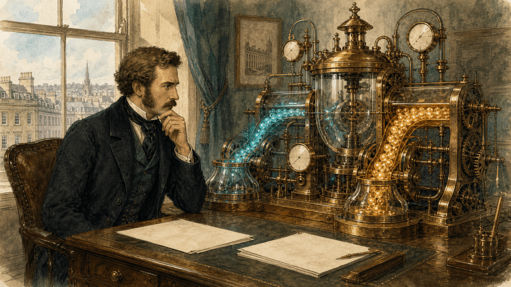 Victorian analyst studying new and returning customer paths on a brass advertising machine in a whimsical steampunk office