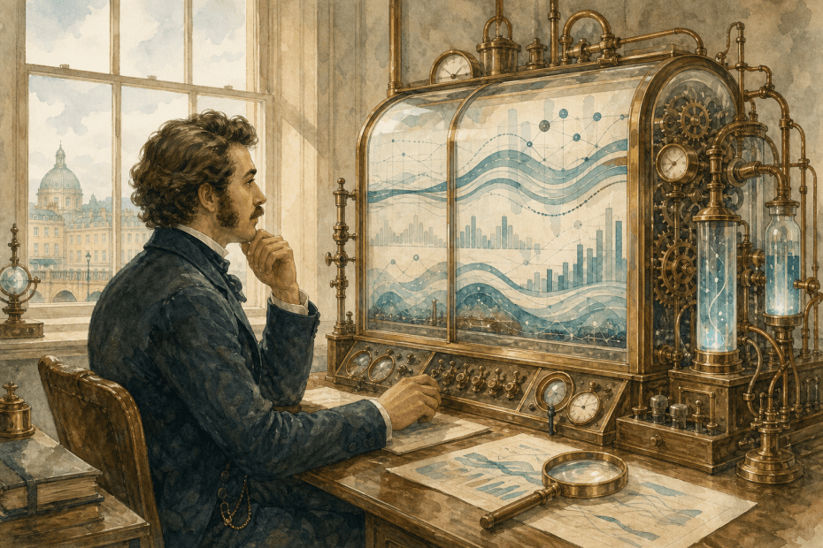 Victorian marketing analyst examining glowing charts on a brass and glass analytics machine in a whimsical steampunk office