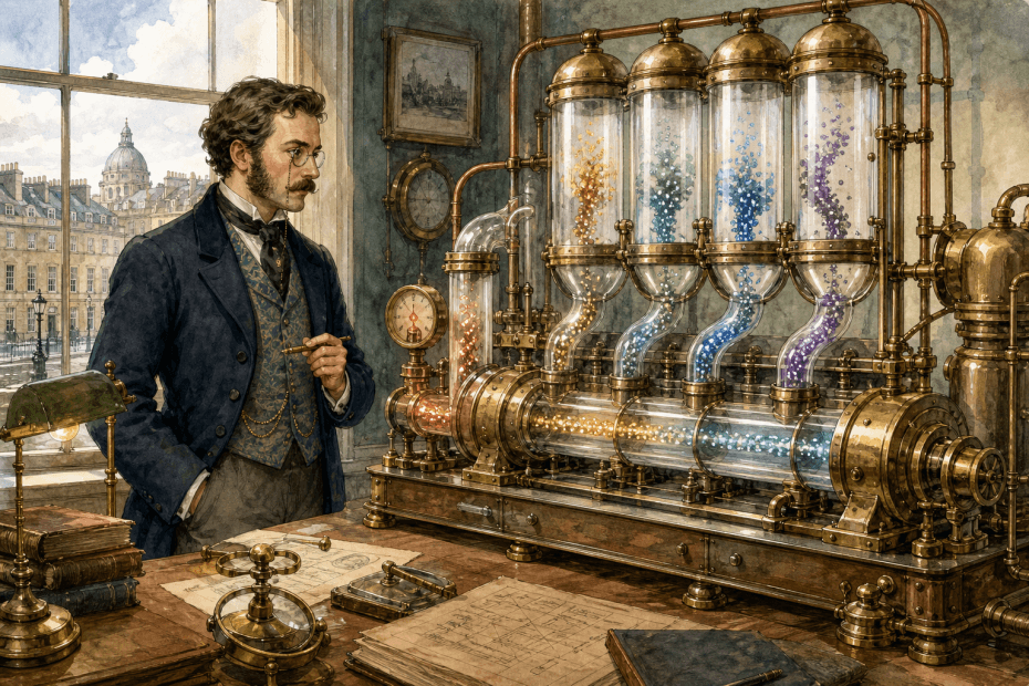 Victorian analyst checking campaign data flowing through a brass validation machine in a whimsical steampunk office
