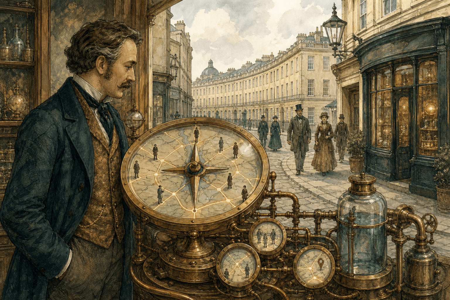 Victorian shopkeeper studying a brass local advertising compass in a whimsical steampunk Bath streetscape