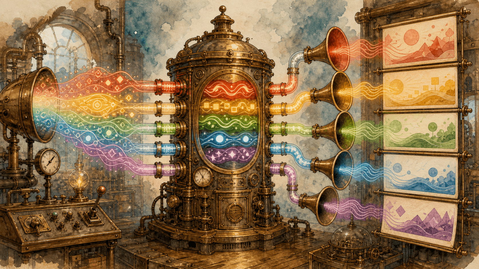 Watercolour and ink illustration of a brass language-selection machine directing search adverts through glass tubes, with no text