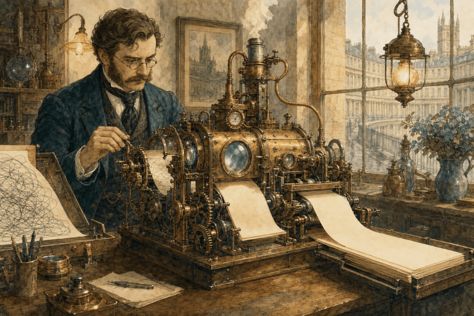 Victorian editor refining website documents with brass instruments in a warm steampunk workshop