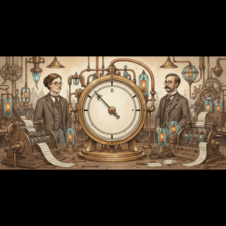Victorian-futurist analysts checking a blank traffic gauge while other brass instruments continue recording activity