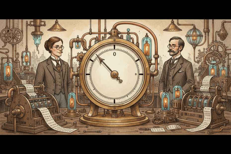 Victorian-futurist analysts checking a blank traffic gauge while other brass instruments continue recording activity