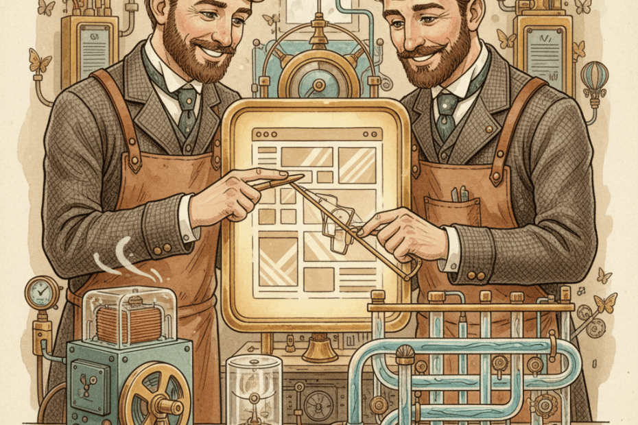 Victorian-futurist website analysts measuring the weight and density of advertising panels