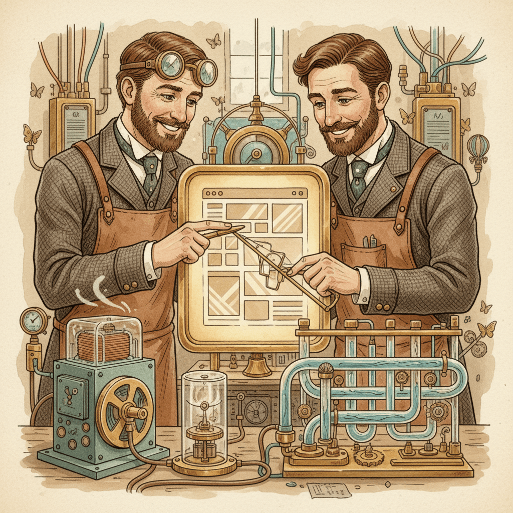 Victorian-futurist website analysts measuring the weight and density of advertising panels
