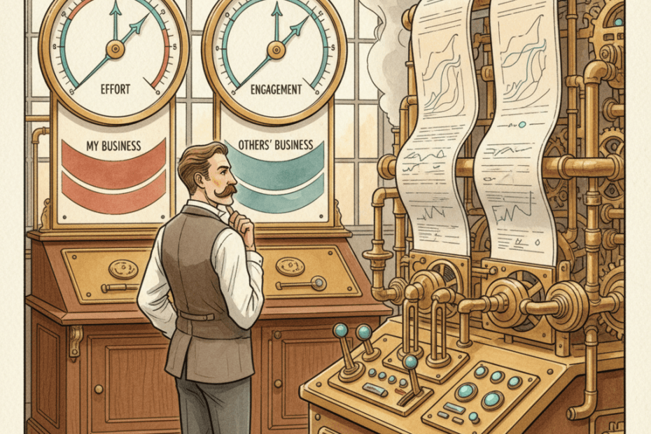 Victorian-futurist advertising workshop with brass comparison gauges and muted teal campaign charts