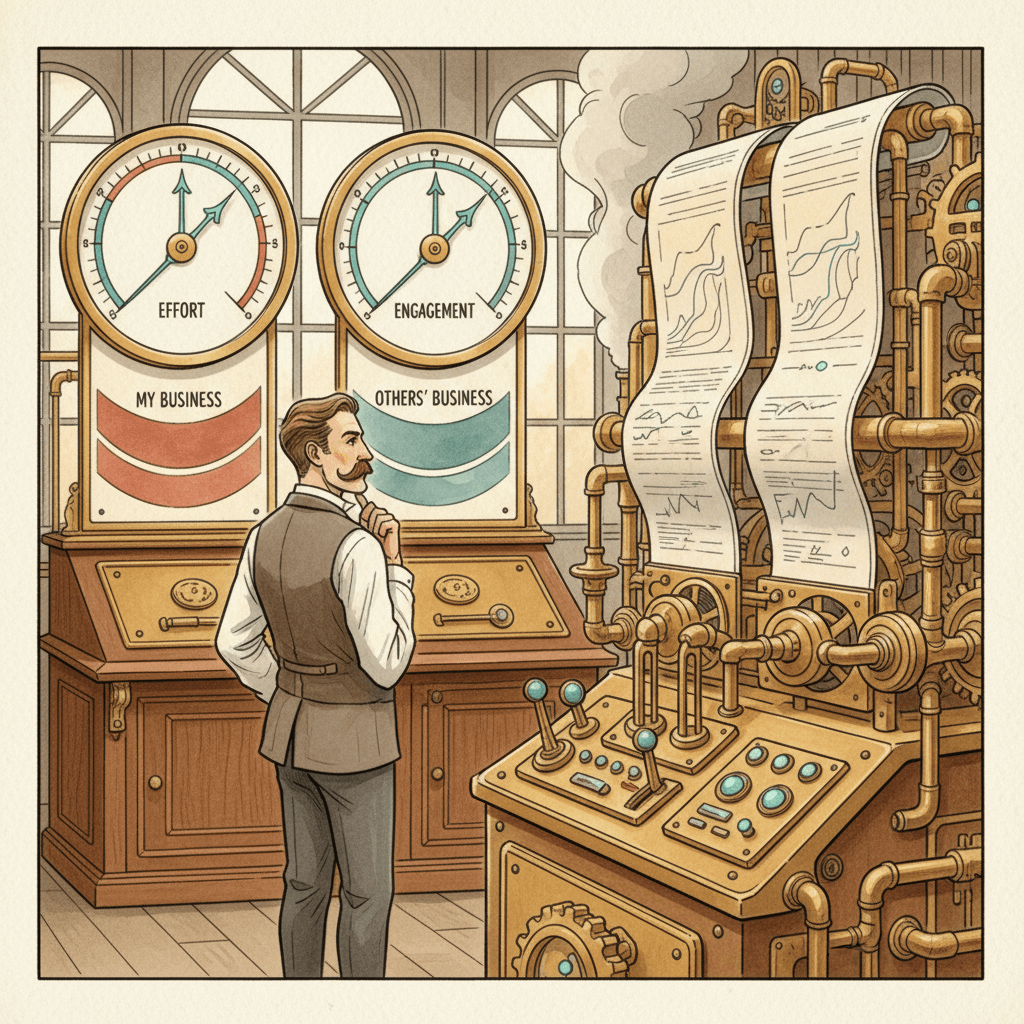 Victorian-futurist advertising workshop with brass comparison gauges and muted teal campaign charts
