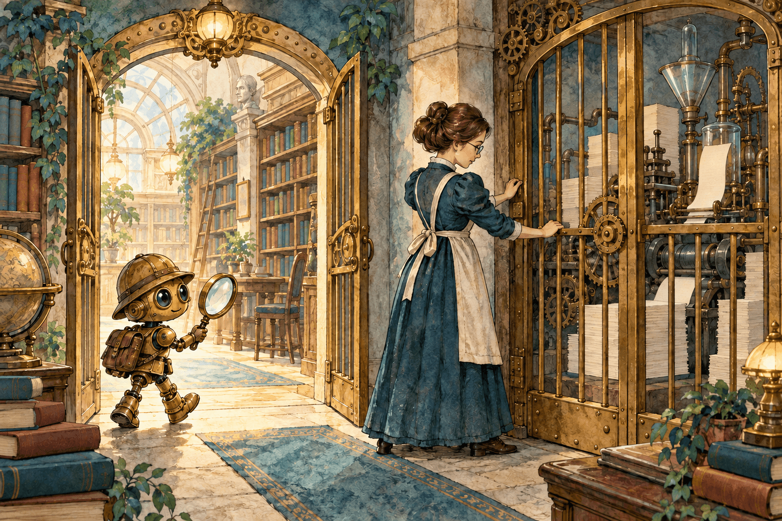Watercolour Victorian librarian keeping a search explorer’s route open while closing a separate brass copying-machine gate