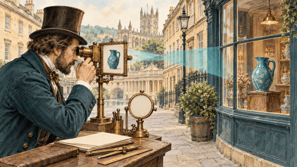 Watercolour Victorian researcher using a brass optical device to match a pictured blue jug with one in a Bath shop window