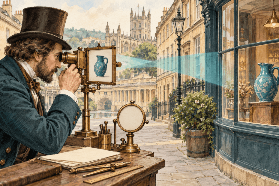 Watercolour Victorian researcher using a brass optical device to match a pictured blue jug with one in a Bath shop window