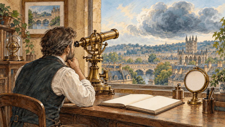 Watercolour illustration of a Bath business owner using a brass telescope to watch a changing sky above the city while keeping a blank measurement ledger
