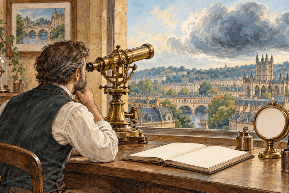 Watercolour illustration of a Bath business owner using a brass telescope to watch a changing sky above the city while keeping a blank measurement ledger