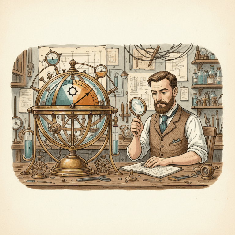 Victorian-futurist search observatory with brass gauges showing subtle early warning movements, without text